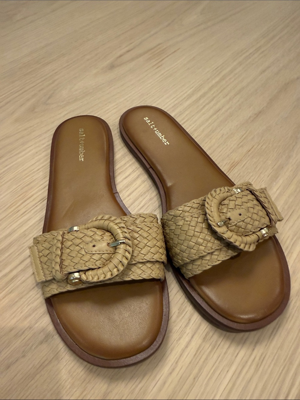 Salt + Umber Tan Woven Buckle Slide Mules
